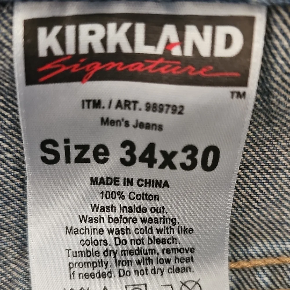 Kirkland Signature Classic Blue Denim Jeans 100% cotton 34x30